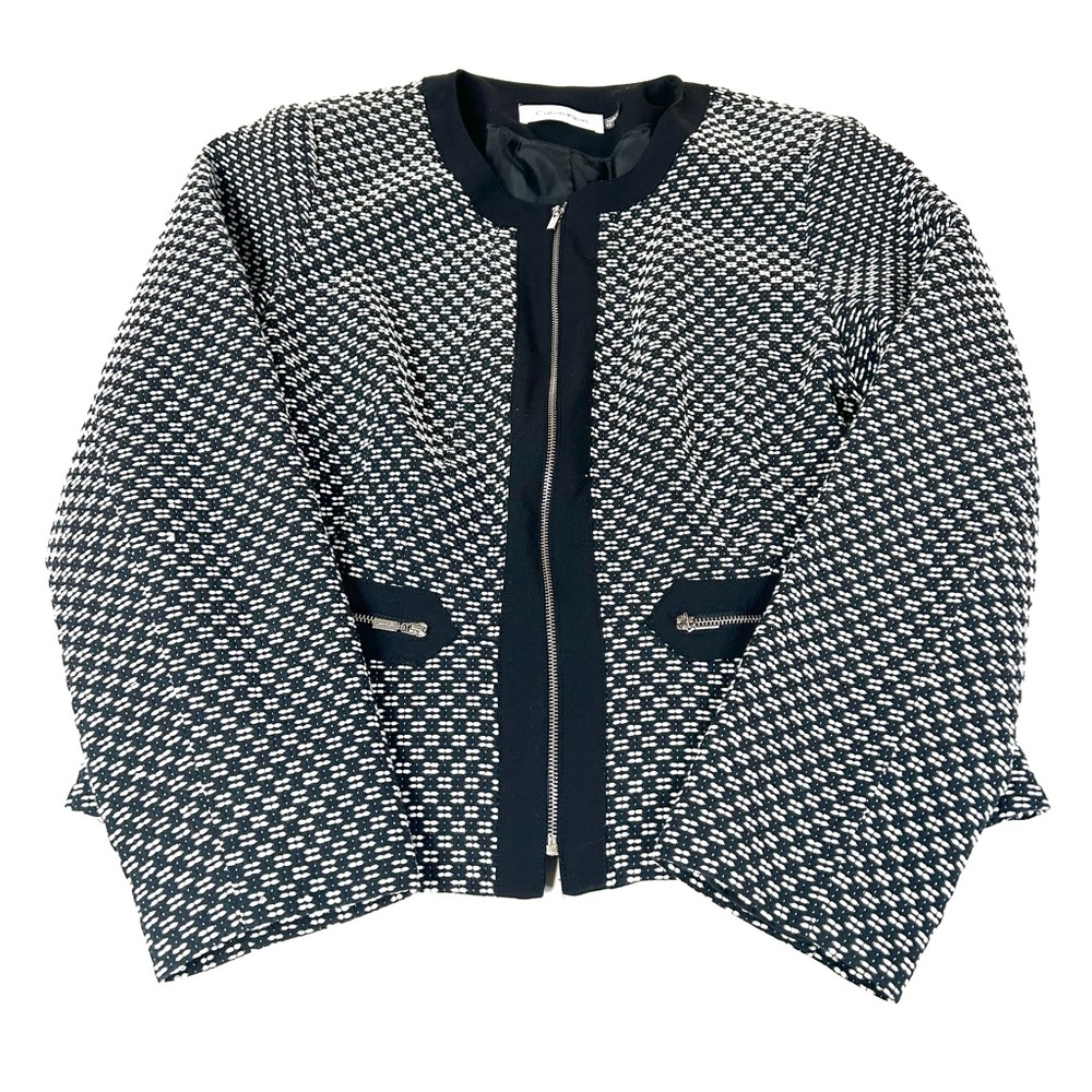 Calvin Klein Women’s Size 14 Blazer Jacket Black White Tweed Full Zip #4137